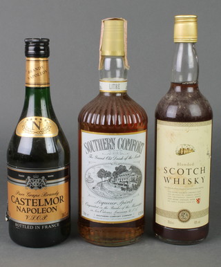 A litre bottle of Southern Comfort, a 70cl litre of blended Scotch whisky, a 70cl litre of Castelmore Napoleon brandy 