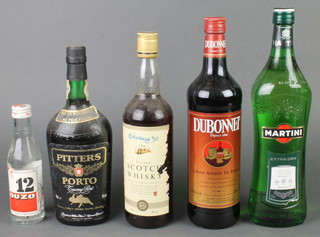 A 100cl bottle of Martini extra dry, a 100cl bottle of Dubonnet, a 75cl bottle of Pitters Porto and a bottle of Ouzo 