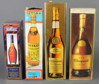 A 100cl bottle of Hennessy fine cognac, a bottle Bisquit Cognac, a bottle of Metaxa, a 25cl bottle of Martell Noblige brandy 