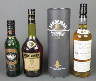 A bottle of Bailie Nicol Jarvie Whisky, a 24 fluid ounces bottle of Martell cognac, a 35cl bottle of Glenfiddich and a 70cl bottle of Sandeman Founders Reserve Port 