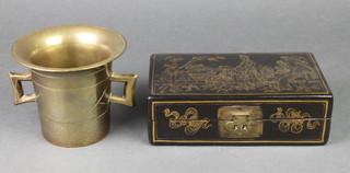 A bell metal twin handled mortar 4" and a Chinese style black lacquered box with hinged lid 8" 