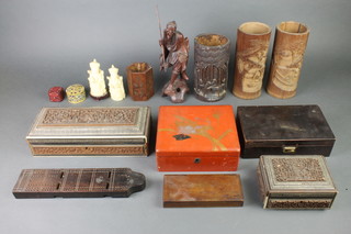 3 Chinese bamboo cylindrical vases 9" and 7 1/2", a carved root figure of a standing sage 10" and a collection of various boxes 