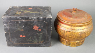 A rectangular Chinese black lacquered box with sliding hinged lid decorated birds 7" x 10" x 6 1/2" together with a cylindrical Chinese lacquered jar decorated figures 8" 