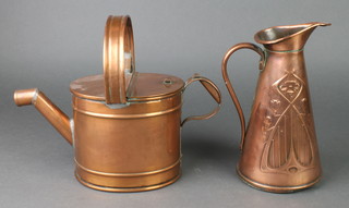 An Art Nouveau waisted and embossed copper jug decorated stylised flowers 9" (dent to spout) together with a cylindrical copper hot water carrier