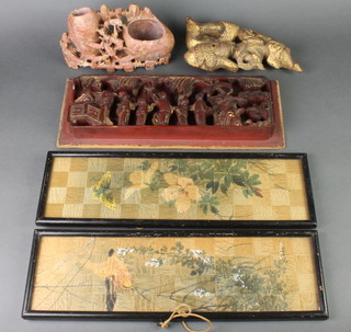 A rectangular carved Chinese panel depicting panels 5" x 14", 2 painted panels depicting butterflies 16" x 5", a carved gilt wood figure of a framed Deity 9" and a soapstone brush pot 5" 