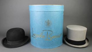 A gentleman's Moss Bros top hat, grey, size 7, a gentleman's Hepworths bowler hat and a Lincoln Bennett hat box 