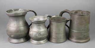 2 pewter quart tankards, a baluster pewter tankard and a spouted pewter tankard