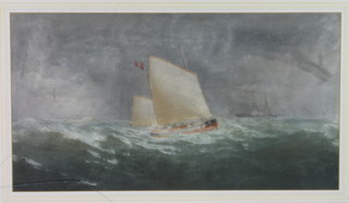 19th Century pastel drawing, a study of a boat and ship in choppy seas, unsigned 15" x 27" 