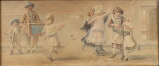 Victorian watercolour, a study of dancing children in a street scene, unsigned 5" x 15" 