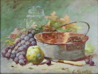 E Muraton, watercolour, still life study of a copper pan with fruits and a knife, signed 11 1/2" x 15 1/2" 