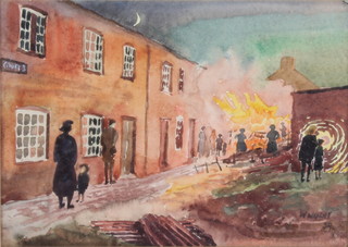 William T Wright, 1959, watercolour, a street scene with figures before a bonfire, signed, Royal Academy label on verso 7" x 10" 