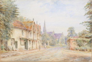 H C Sage, an Edwardian watercolour, street scene with figures and distant church, indistinctly signed 5" x 7 1/4" 