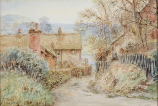 H C Sage, watercolour, a country lane scene with children before a building, signed 7" x 10 1/2" 