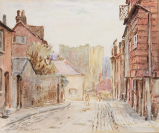 H C Sage, watercolour, a country town street scene with figures, signed 6" x 7" 