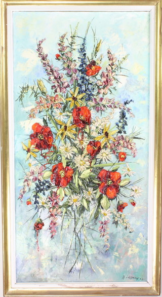 A Lachaiy '63, oil on canvas, a still life of spring flowers, palette knife, signed and dated 38 1/2" x 19" 