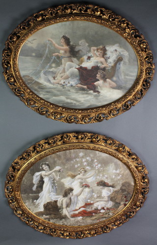 Florentine frames, ovals, containing a pair of Victorian allegorical coloured prints 27" x 21" 