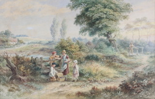 Edwardian watercolour, a rural study of children beside a gate with distant buildings and sheep, unsigned 10 1/2" x 16 1/2" 