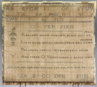 19th Century sampler with verse and script by Elizabeth Ranger, Age 7 years 1839 16" x 10 1/4" together with one other with alphabet and verse June 1827 14 1/2" x 17" 