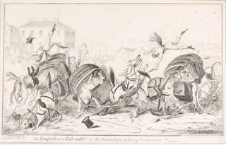 19th Century etching "The Comforts of a Cabriolet" or "The Advantages of Driving Hoodwinked", political cartoon 9 1/2" x 15" 