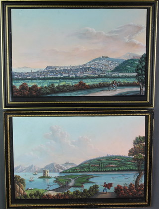 19th Century  Italian gouaches, a pair, an inland water scene with fishing boats and a ditto with distant town, unsigned 10 1/2" x 16" 