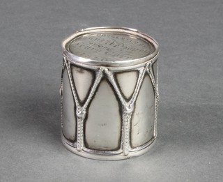 A Victorian silver novelty shaker in the form of a drum with presentation inscription, London 1870, 44 grams, 1 1/2" 