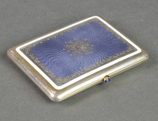 A Continental silver and guilloche enamel cigarette case with cabochon cut button, gross 140 grams 