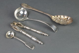 A silver plated berry spoon and other minor plated items