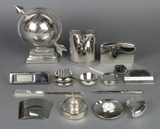 A silver plated desk globe and minor silver plated items