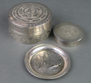 A Persian white metal box and cover, 1 other and a dish 