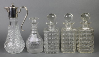 3 cut glass square spirit decanters and stoppers, a mallet shaped ditto and a silver plated mounted ewer