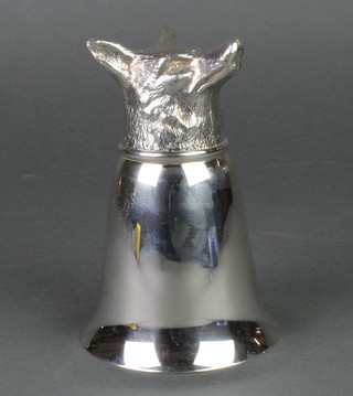A modern silver plated stirrup cup with fox head base