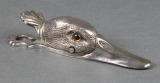 A silver plated novelty letter clip in the form of a duck head with glass eyes