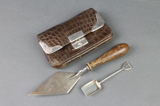 A novelty silver plated miniature trowel 5", a  silver shovel salt spoon and a silver plated mounted purse