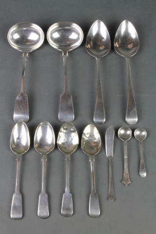 2 Georgian silver dessert spoons, 6 silver spoons, a butter knife and 2 silver plated ladles