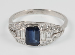 An 18ct white gold Art Deco style sapphire and diamond ring, size P
