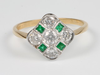 An 18ct yellow gold Art Deco style emerald and diamond ring, size P