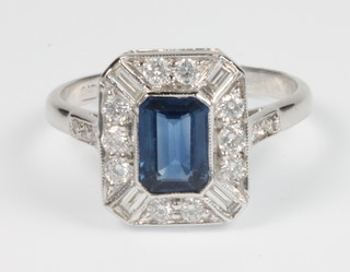 An 18ct white gold sapphire and diamond Art Deco style cluster ring, size O 1/2