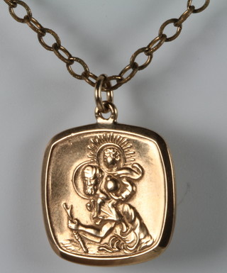 A 9ct gold St Christopher pendant and chain 16 grams together with a gilt chain 