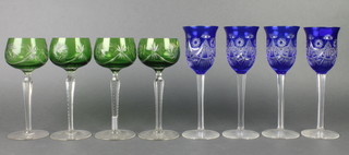 4 flash glass green hocks and 4 ditto blue wines