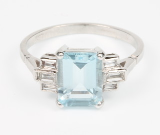 An 18ct white gold aquamarine and diamond Art Deco style ring, size L 1/2
