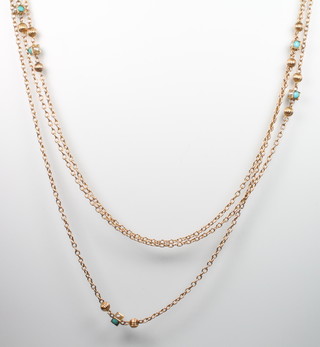A Victorian gold turquoise and seed pearl muff chain, 54" 