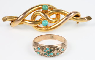 An Edwardian gold turquoise set open scroll brooch and a ditto ring 