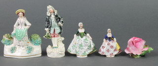A Staffordshire figure of a lady 3", 3 other figures and a porcelain flower 
