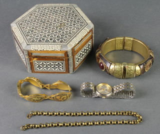 A mother of pearl inlaid jewellery box and minor costume jewellery 
