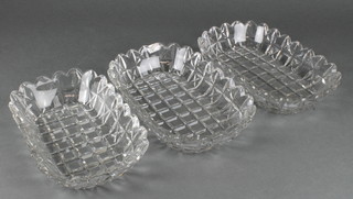 A set of 3 rounded rectangular cut glass dishes 11" 