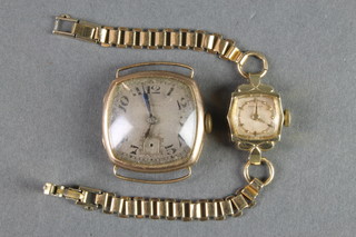 A gentleman's 9ct gold square shaped wristwatch and 1 other