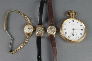 A gentleman's gilt hunter pocket watch with seconds at 6 o'clock, minor wristwatches 