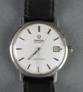 A 1970's gentlemans steel cased Omega Automatic Seamaster calendar wristwatch on a leather bracelet 
