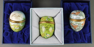 3 Halcyon Days enamelled Easter Eggs, boxed 1973/4/5