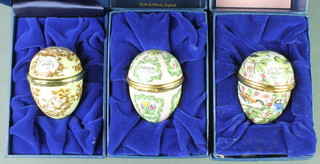 3 Halcyon Days enamelled Easter Eggs, boxed 1976/7/8